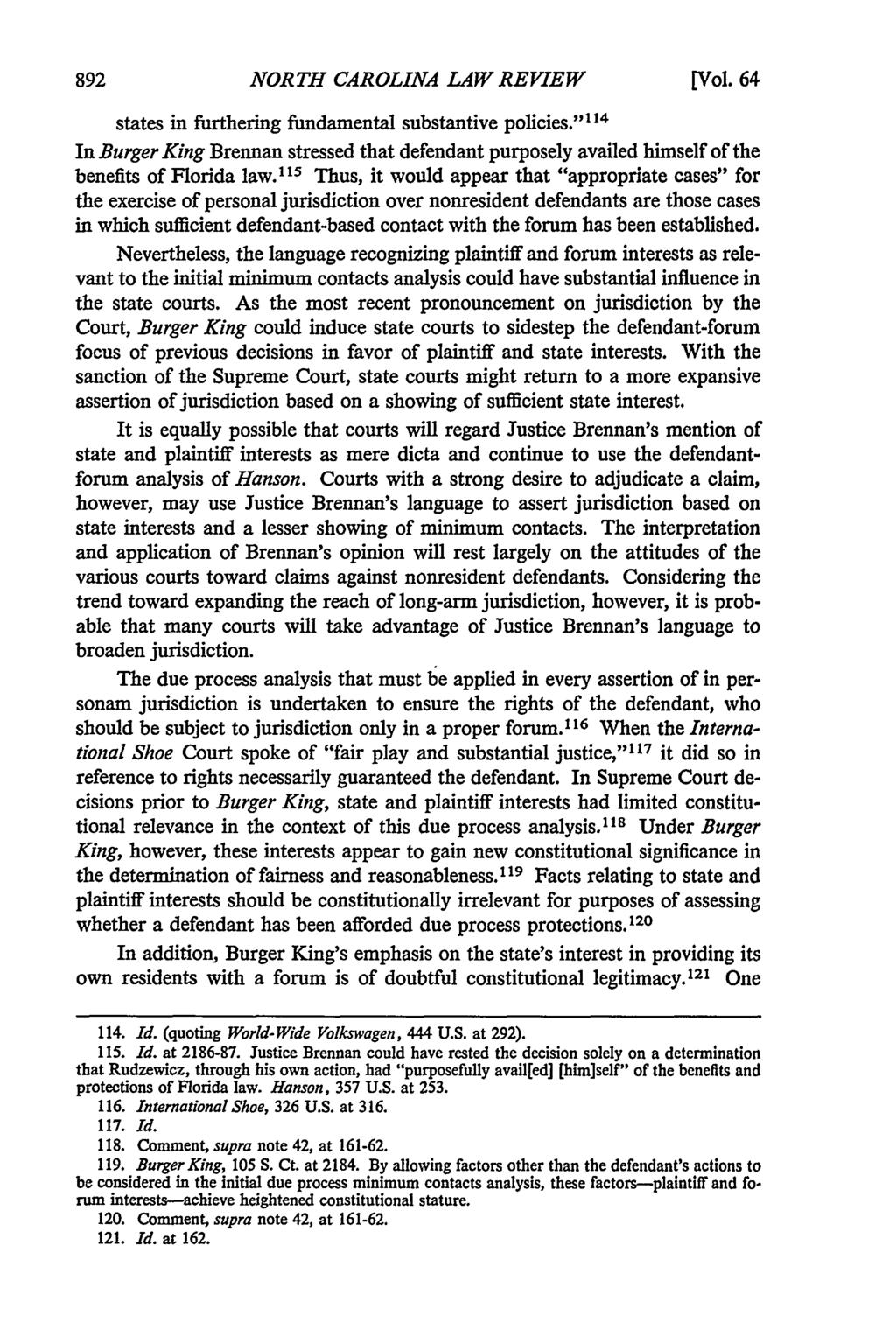 NORTH CAROLINA LAW REVIEW [Vol. 64 '1 14 states in furthering fundamental substantive policies.