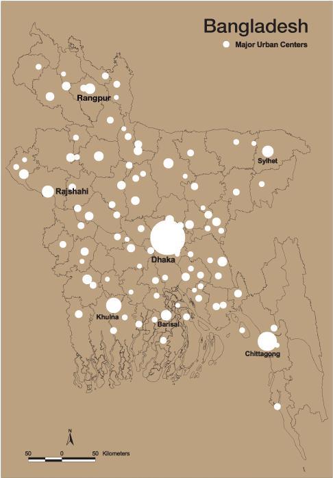 Exhibit A Major urban centers of Bangladesh Note: The size of the white dots reflects the population