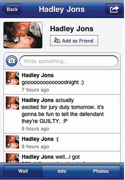 In Michigan, a 20-year-old juror, Hadley Jons, expressed her views about a case on Facebook. 34 Jons wrote Gonna be fun to tell the defendant they re [sic] guilty.