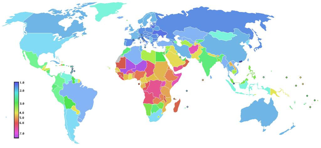 World Total Fertility Rate Map (2006) Note: Replacement rates are 2.07-2.08 for developed countries; 2.