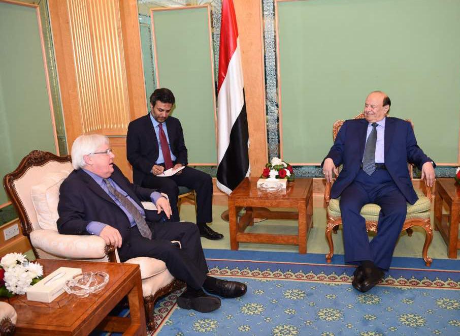 Hadi receives UN special envoy for Yemen President Abd-Rabbu Mansour Hadi has affirmed his firm and steadfast stance toward achieving the peace that the Yemeni people deserve, based on the three