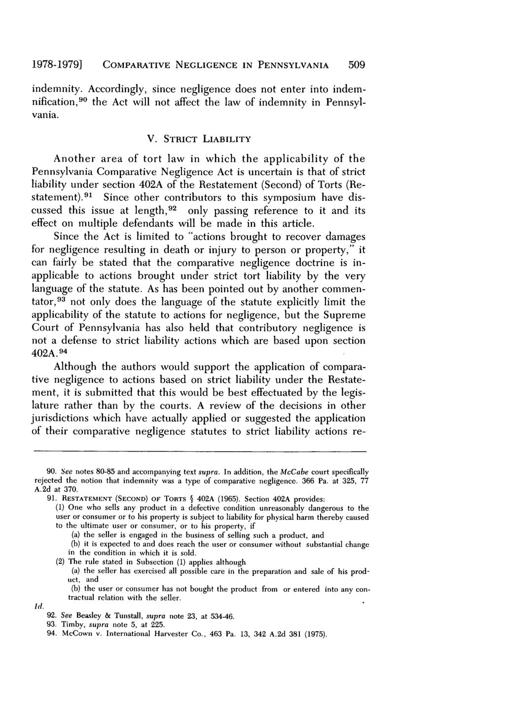 Villanova Law Review, Vol. 24, Iss. 3 [1979], Art. 4 1978-1979] COMPARATIVE NEGLIGENCE IN PENNSYLVANIA 509 indemnity.