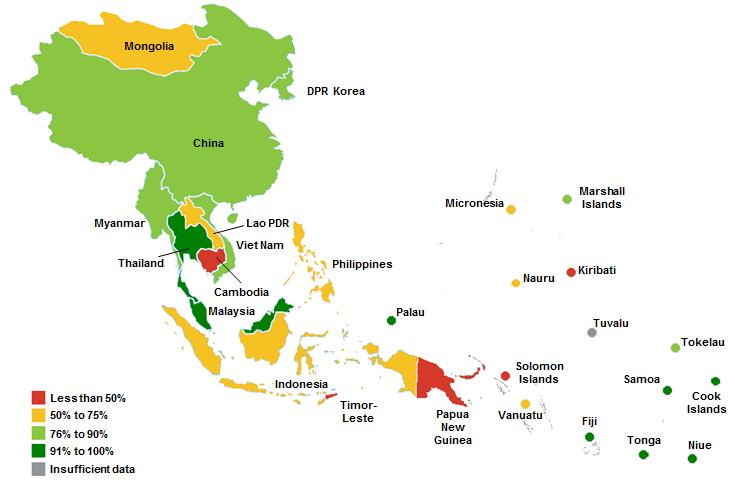 Sanitation Coverage in East Asia and the Pacific Improved sanitation coverage in East Asia and Pacific countries, 2015, national. Only countries in the UNICEF East Asia and Pacific region are shown.