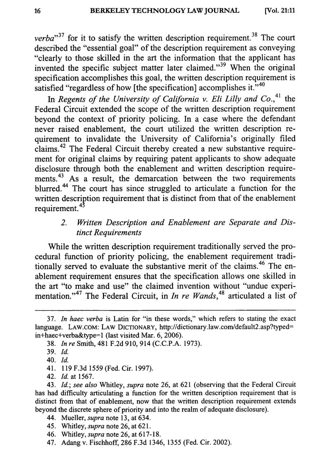 BERKELEY TECHNOLOGY LAW JOURNAL [Vol. 21:11 verba" 37 for it to satisfy the written description requirement.