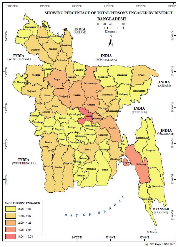 Map of Bangladesh Showing the Percentage of