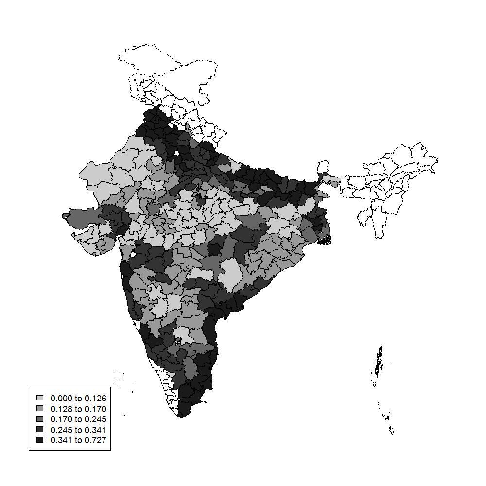Figure 2: Mean HYV Crop Adoption Across Districts, 1967-1987 Notes: Districts shaded according to quintile of mean share of agricultural land under HYV crop cultivation between