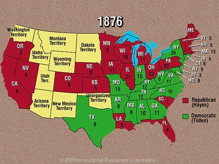 A map of the votes in the 1876 election. The election was extremely close, resting on the contested election returns from four states.