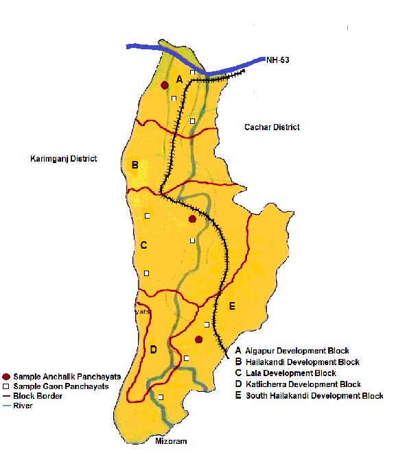 Chapter 1 20 b) Location of the Sample c) Sampling Design Hailakandi District Hailakandi Zilla Parishad Algapur (Anchalik Panchayat) Lala (Anchalik Panchayat) South Hailakandi (Anchalik Panchayat)