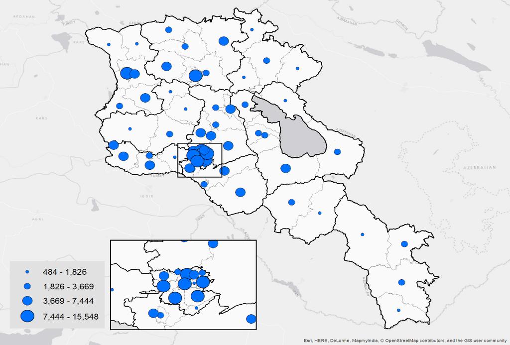 The concentration of population around capital city influences the distribution of poor households across marzes: 41 percent of the poor live either in Yerevan or Kotayk.