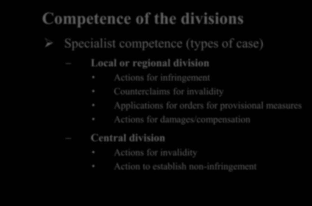 Competence of the divisions Specialist competence (types of case) Local or regional division Actions for infringement Counterclaims for invalidity