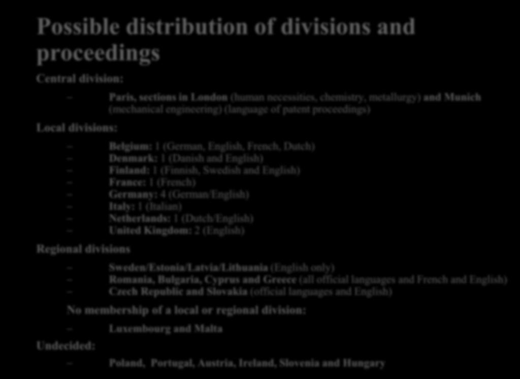 Possible distribution of divisions and proceedings Central division: Paris, sections in London (human necessities, chemistry, metallurgy) and Munich (mechanical engineering) (language of patent