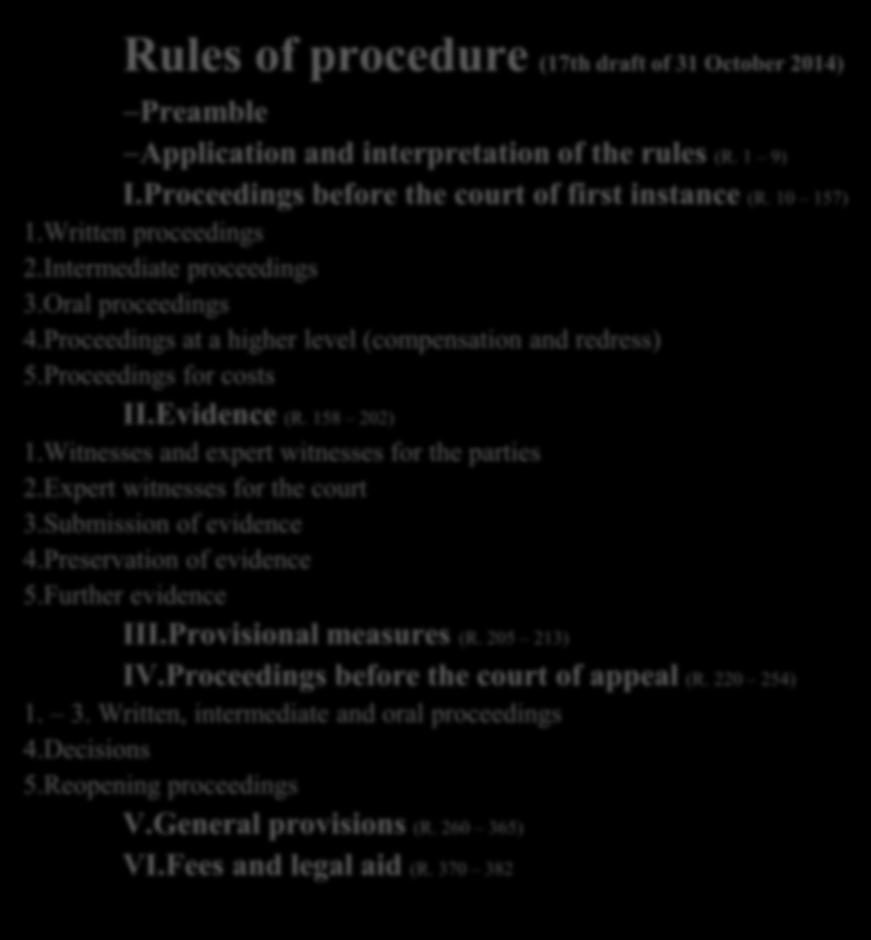 Rules of procedure (17th draft of 31 October 2014) Preamble Application and interpretation of the rules (R. 1 9) I.Proceedings before the court of first instance (R. 10 157) 1.Written proceedings 2.