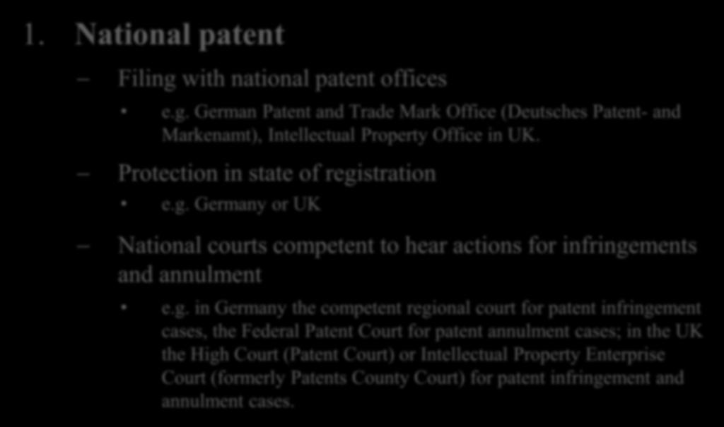 I. Status quo 1. National patent Filing with national patent offices e.g. German Patent and Trade Mark Office (Deutsches Patent- and Markenamt), Intellectual Property Office in UK.