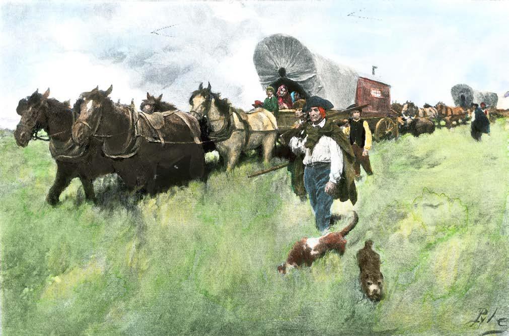 Pioneers from the thirteen original colonies packed up their belongings in horse-drawn wagons and traveled west to settle the Northwest Territory.