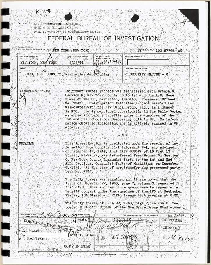 Facsimile of first page of Jane Dudley s FBI file.