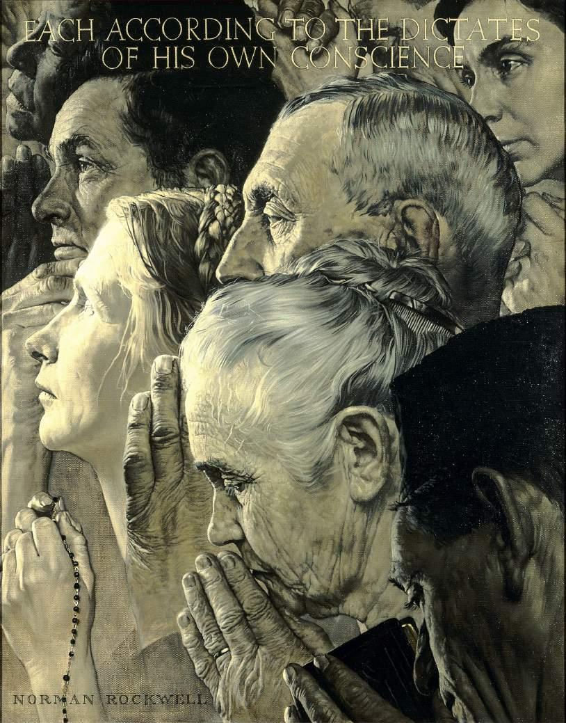 Norman Rockwell (1894-1978), Freedom of Worship, 1943. Oil on canvas, 46 x 35 1/2.