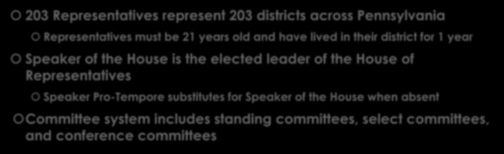PA House of Representatives 203 Representatives represent 203 districts across Pennsylvania Representatives must be 21 years old and have lived in their district for 1 year Speaker of the House is