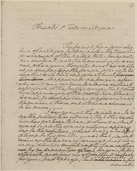 George Washington's Farewell Address The following text contain excerpts from George Washington's thirty-two page presidential farewell address, written in 1796 when he decided not