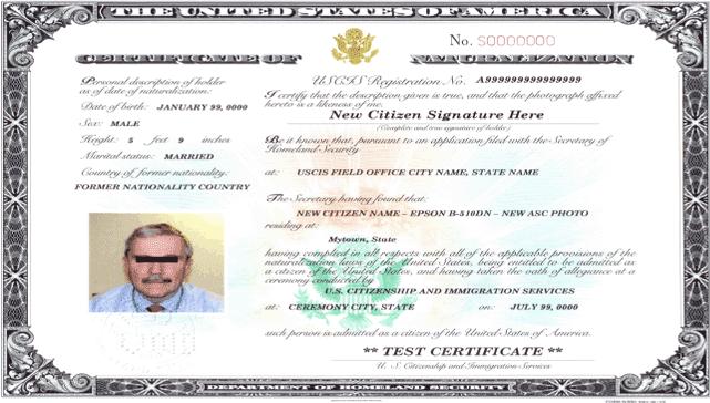 A Certificate of Naturalization issued by the United States Department of Citizenship and Immigration Services (USCIS) A Certificate of United States