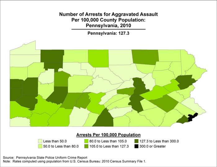 Arrest rates ranged from 21.9 aggravated assaults per 100,000 population in Elk County to 334.2 in Philadelphia County. Fourteen counties reported rates above the statewide rate of 127.3. Number of Arrests for Per 100,000 Population: Pennsylvania, 2010 * Adams 58.