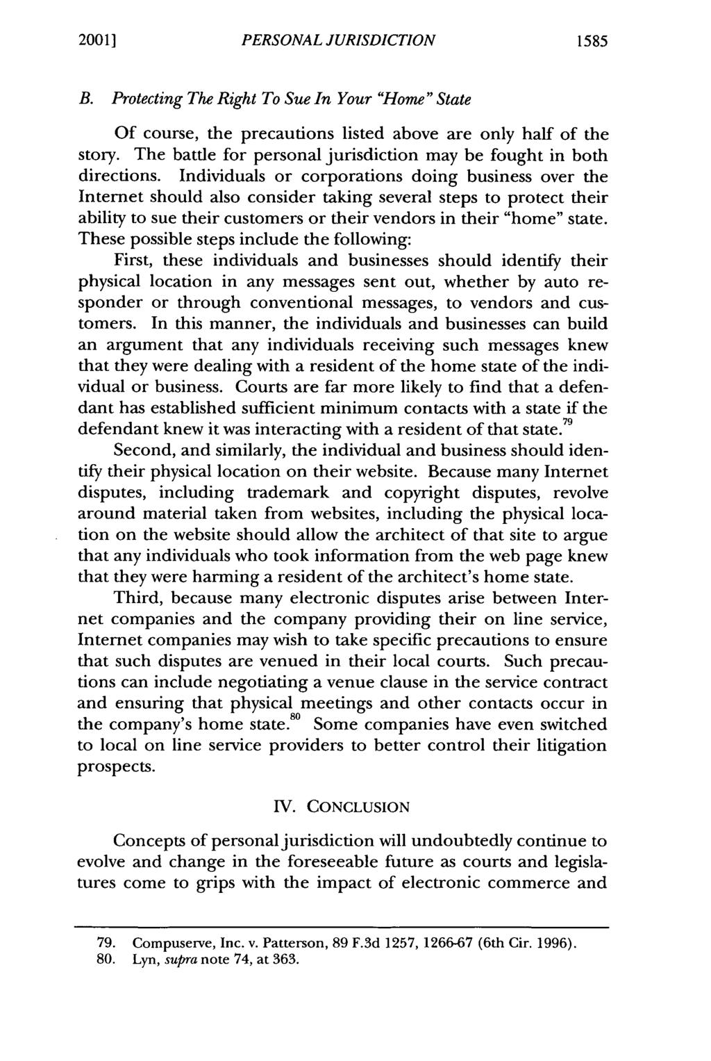 20011 Schmitt and Nikolai: Application PERSONAL of Personal JURISDICTION Jurisdiction Principles to Electronic Com1585 B.