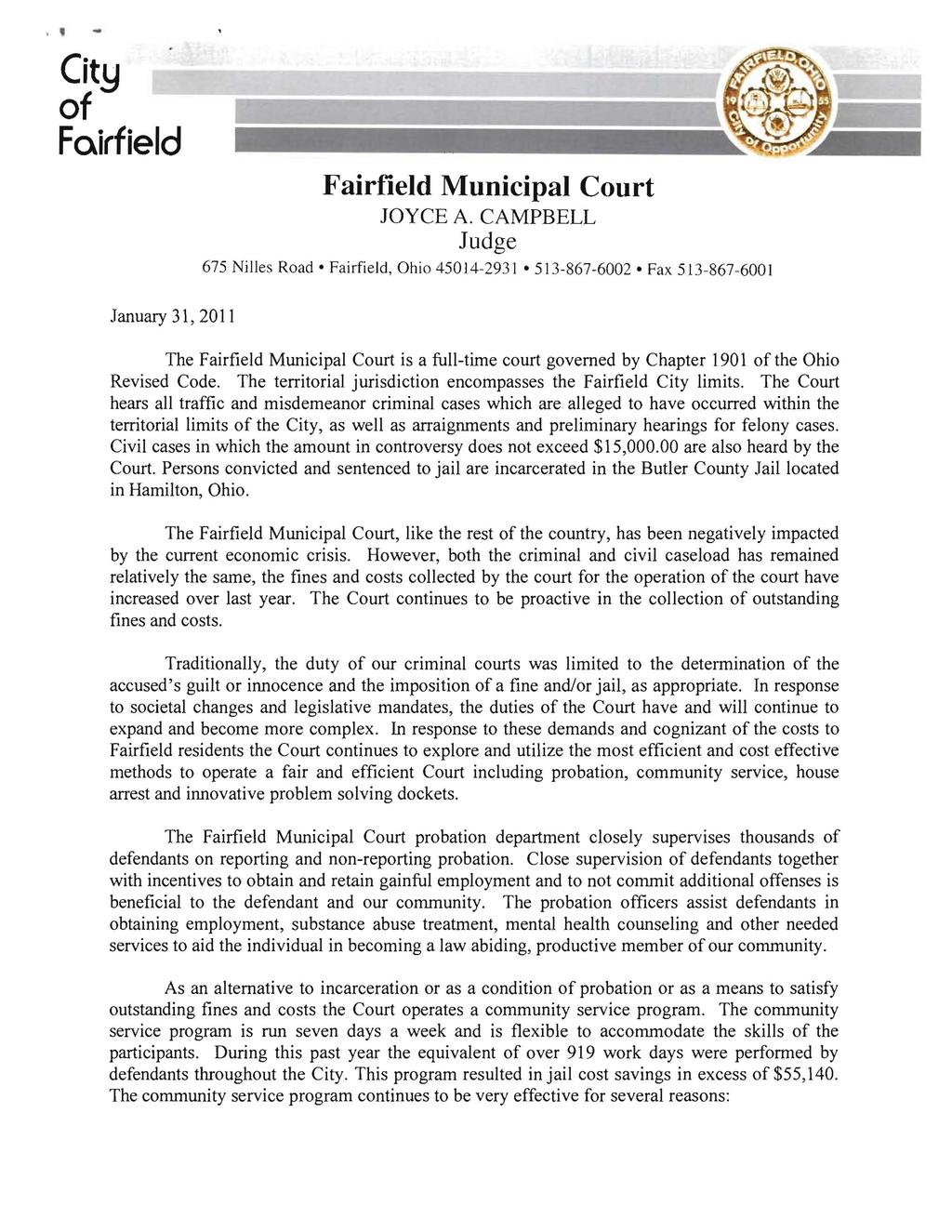City of Fairfield Fairfield Municipal Court JOYCE A.