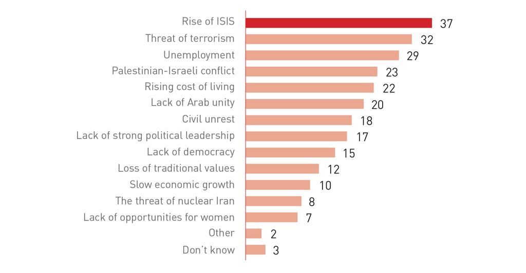 Arab youth view the rise of ISIS as the biggest obstacle facing the region, followed by threat of