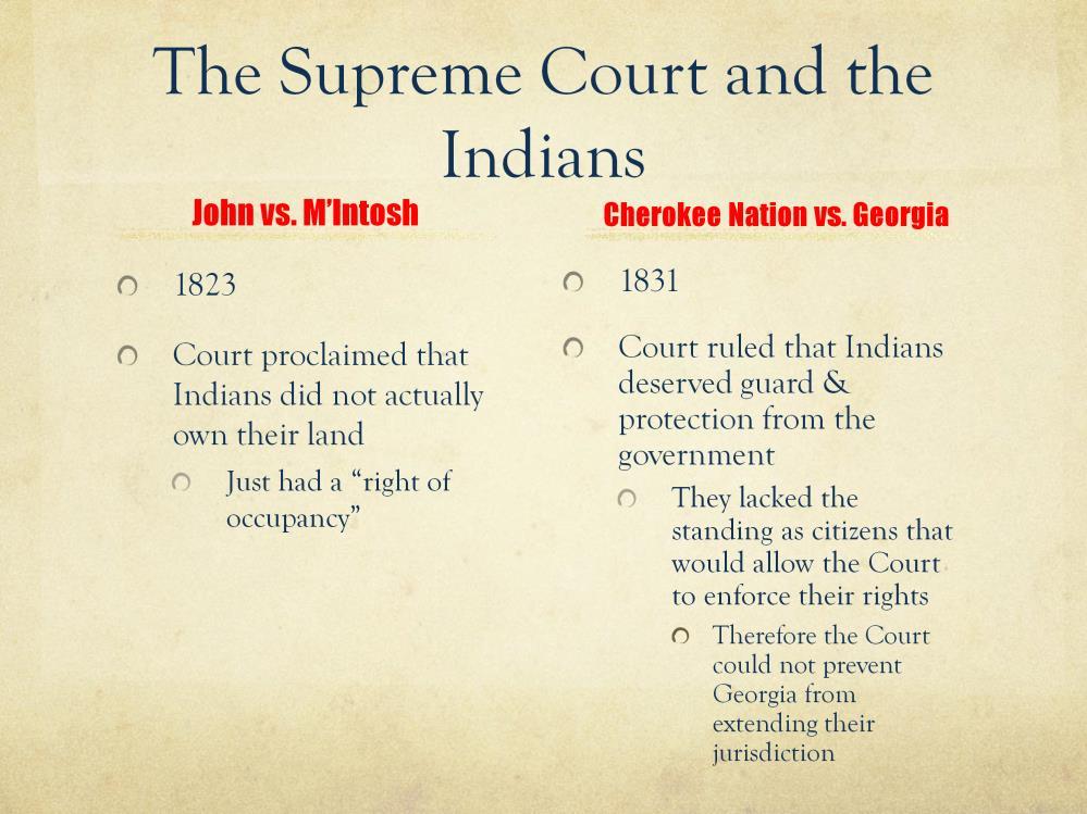 The Supreme Court and the Indians (pg 398-401) Johnson vs. M'Intosh (1823) Court proclaimed that Indians did not actually own their land, just a "right of occupancy" Cherokee Nation v.