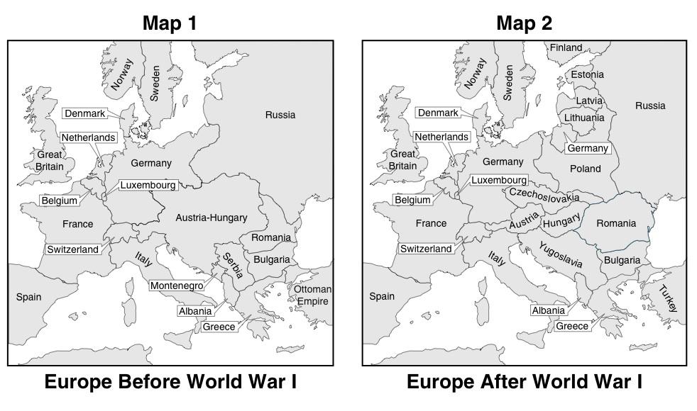 Use the maps and your knowledge of social studies to answer the following questions. 19 According the map, what was one of the outcomes from World War I?