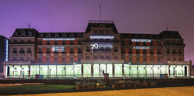 The façade of Palais Wilson, UN Human Rights headquarters in Geneva, illuminated on Human Rights Day, December 2017. OHCHR efficiency within the Office.