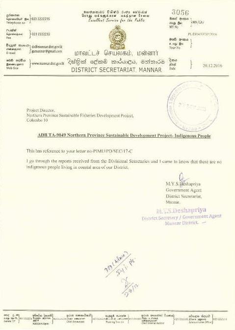 Annex 1: Letter from the Government Agent of Mannar Confirming that there
