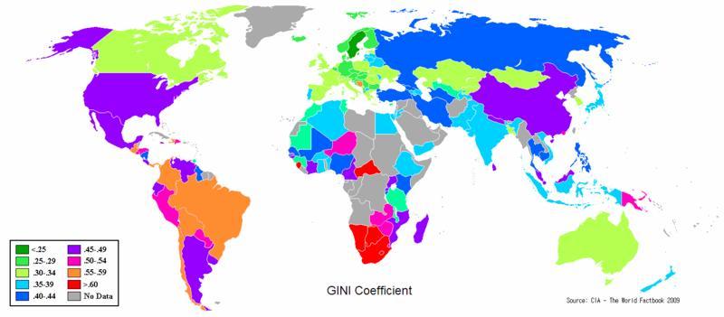 Income inequality around the world Gini coefficient: measure of income dispersion <.25.25-.