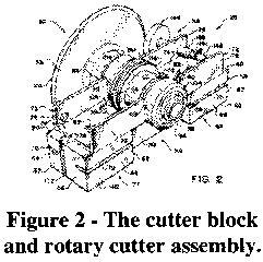 FIG. 1 The disc-shaped blade is mounted to a "cutter block" (seen in Figure 2), which moves laterally along the slot.
