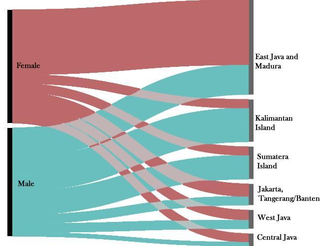Table 6: Internal Migration Destinations by Sex Destination Male Female Bali 7% 2% Central Java 3% 7% DI Yogyakarta 1% 2% East Java & Madura 24% 52% Jakarta, 7% Tangerang/Banten 10% Kalimantan Island