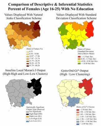Descriptive & Inferential Statistics Analysis Using ArcGIS Descriptive Statistics 27 Geographic distribution of range in values Classification Schemes: Natural Jenks and Standard Deviation Mean,