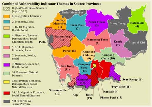 Most Prevalent Vulnerability Indicators Observed in Source Provinces of Trafficking Victims (Combined View) While trafficking victims reportedly originate from nearly all provinces, certain areas