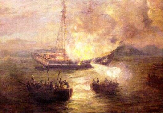 The Burning of the Gaspee 1772 British customs ship chasing smugglers.