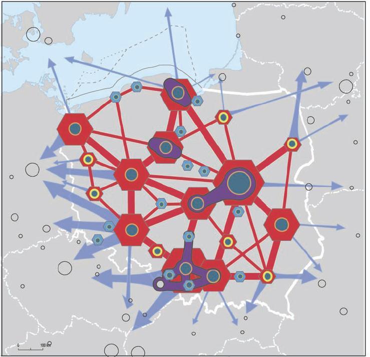 In Poland (MRD, 2012) the population of the network of the cities is balanced (Fig 7.). The most important cities are Western direction from Warsaw in a half circle formation.