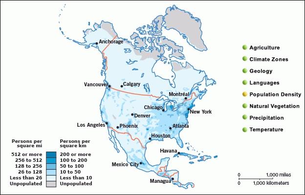 Canada and Mexico with less hospitable border environments. This can be observed on a map of North American population density. The map below shows population density in North America.