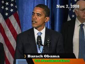 5. 00:38 Footage of Barack Obama s press conference Barack Obama, U.S. President-Elect: I ve spoken to President Bush.