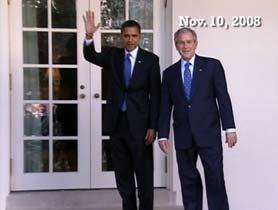 6. 00:53 Footage of Barack Obama and George W. Bush meeting at White House PRESIDENT-ELECT OBAMA TOURED THE WHITE HOUSE WITH PRESIDENT BUSH THE MONDAY FOLLOWING THE ELECTION. 7.