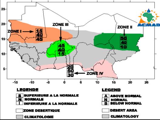 central and western Mali and southern Mauritania) and above normal precipitation over the eastern Sahel (zone II: in Chad, eastern Niger and northeastern Nigeria).