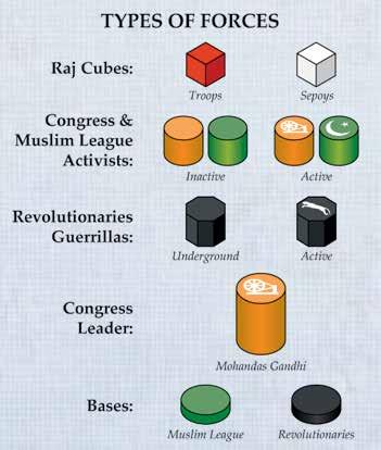 4 Gandhi ~ Rules Muslim League Activists (green cylinders) and Bases (green discs).