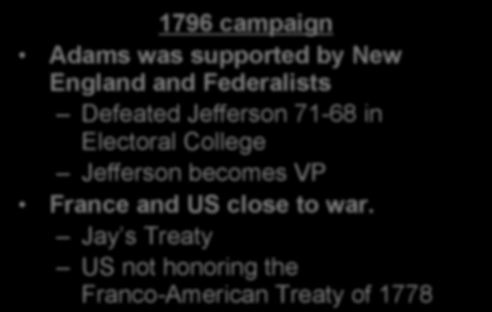 Adams Becomes President 1796 campaign Adams was supported by New England and Federalists Defeated Jefferson 71-68 in