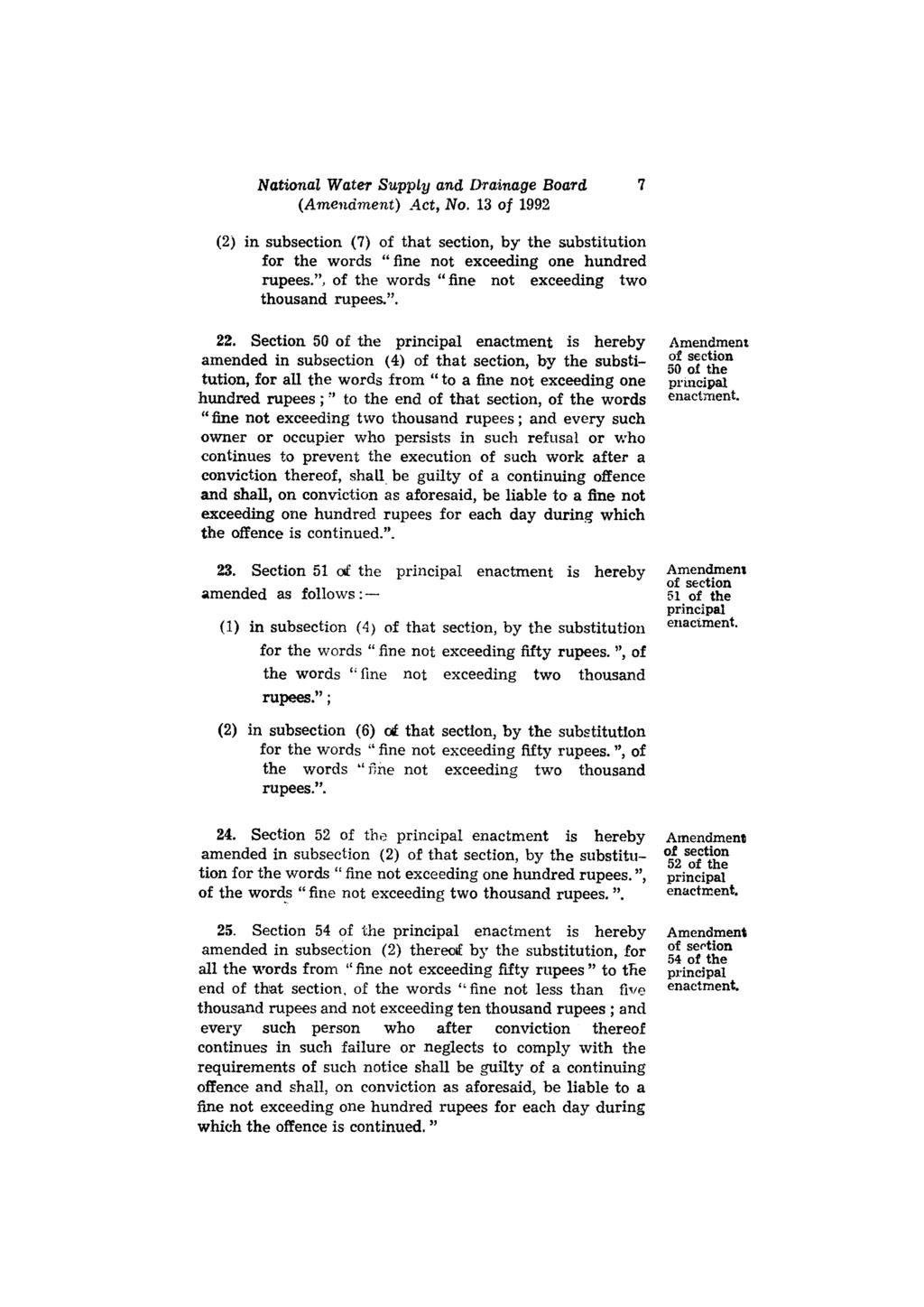 National Watw Supply and Drainage Board 7 (2) in subsection (7) of that section, by the substitution for the words "fine not exceeding one hundred rupees.