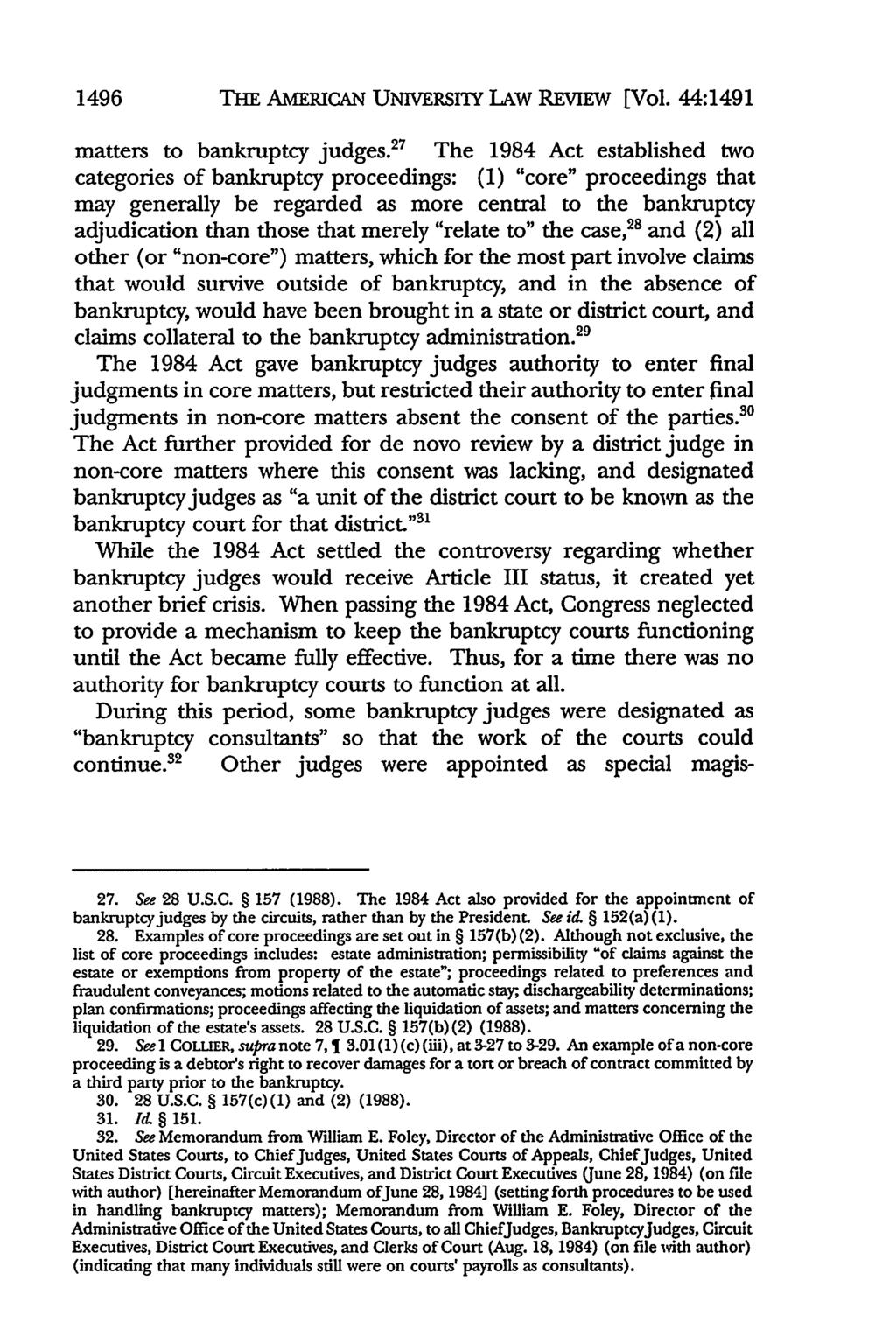 1496 THE AMERICAN UNIVESInY LAW REVIEW [Vol. 44:1491 matters to bankruptcy judges.