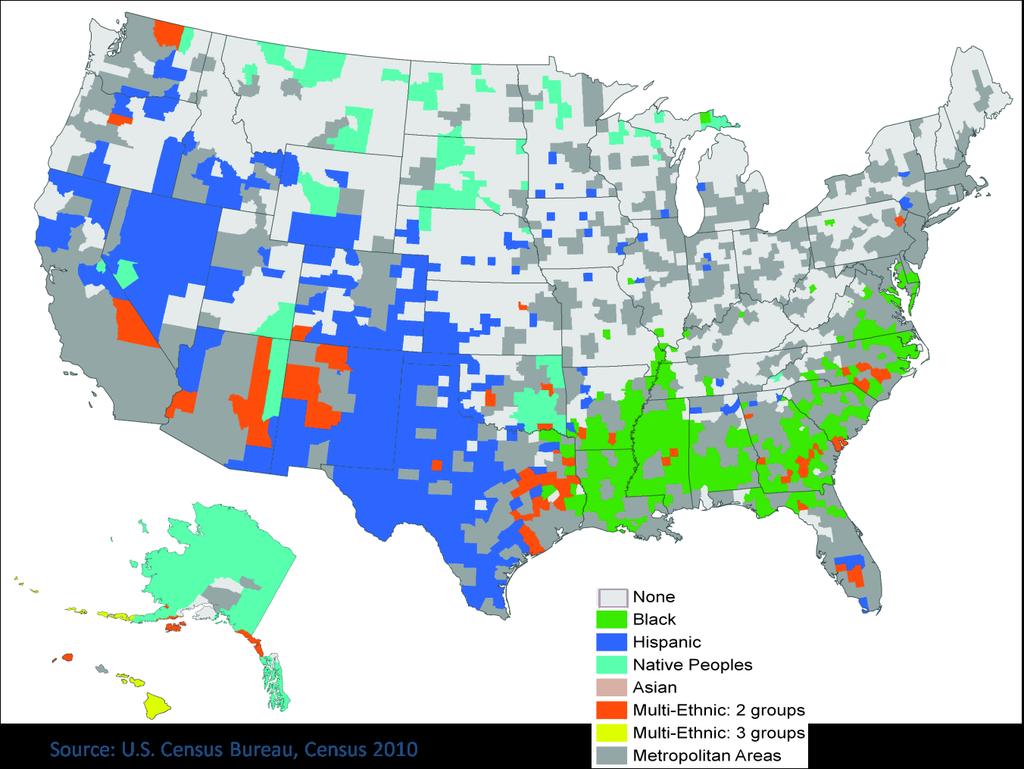 Figure 4 Nonmetropolitan Minority Population, 2010 counties adjacent to metropolitan areas as well as in fast-growing recreational and retirement counties.