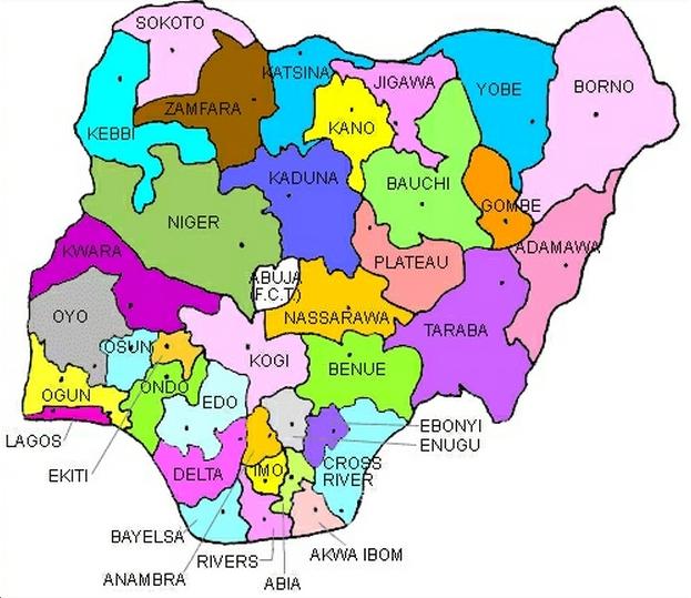 Map of Nigeria showing 36-state structure