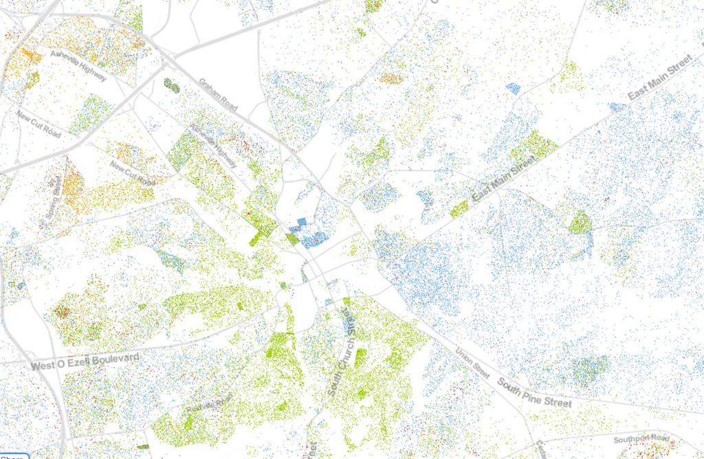 Racial Segregation in Spartanburg Whites = Blue, Blacks = Green, Asians = Red, Hispanics = Orange Source: Racial Dot Map, University of Virginia (based on 2010 Census data) Percentage of White Alone