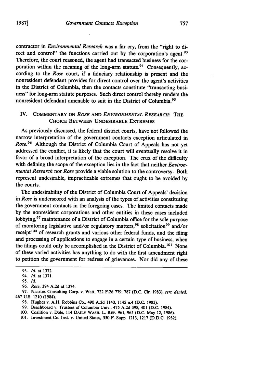 1987] Government Contacts Exception contractor in Environmental Research was a far cry, from the "right to direct and control" the functions carried out by the corporation's agent.